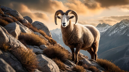 Majestic Wild Mountain Ram in Rocky Landscape at Sunset
