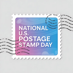 National U.S. Postage Stamp Day Poster on a blue stamp with a wave