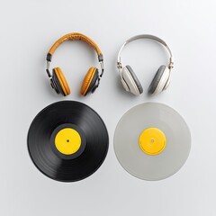 Stylish Headphones and Vinyl Records on Minimalist Background