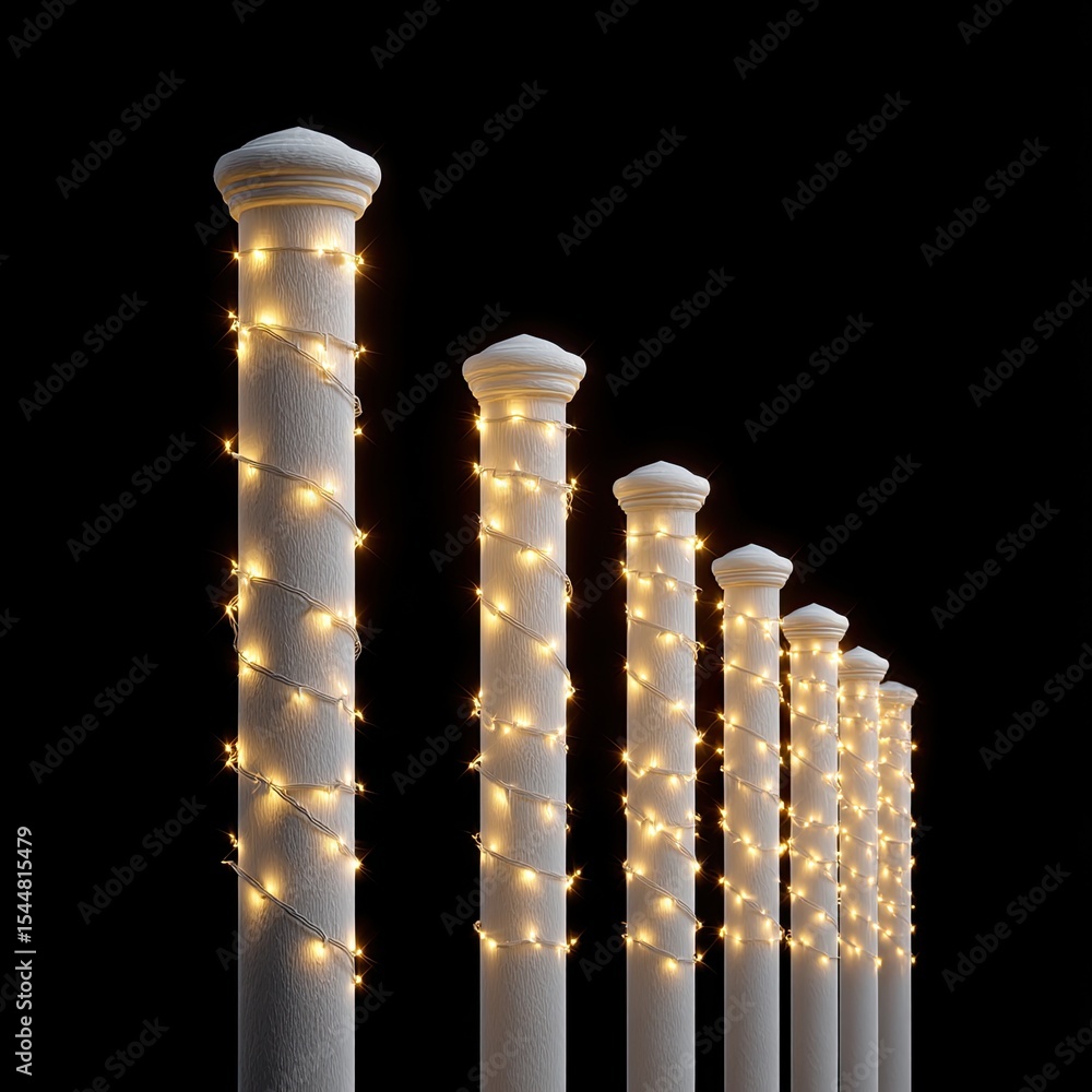 Poster elegant white columns adorned with warm twinkling string lights