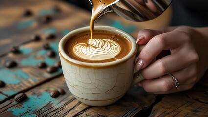 Pouring latte art into a cracked ceramic cup held by a hand on a rustic wooden table with coffee beans
