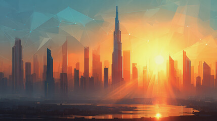 Smart digital Innovation city with connection network reciprocity over the sunset cityscape. of future wireless digital city and social media networking systems that connects people with in city