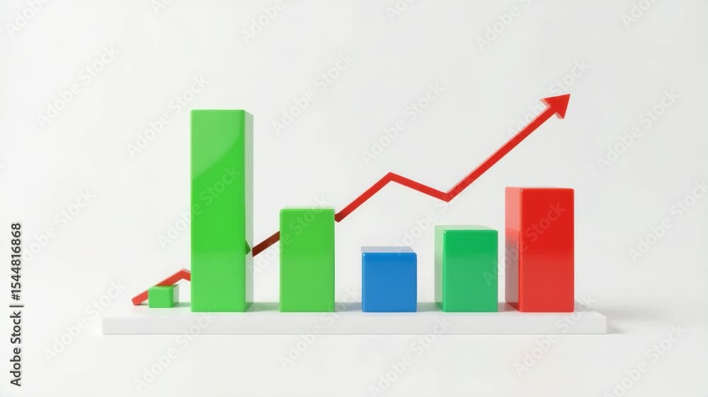 Poster a colorful 3d bar graph with a rising red arrow line representing growth and positive trends on a wh