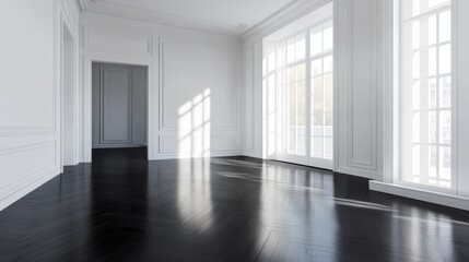 Fototapeta premium Empty Luxurious Room with Dark Hardwood Floors and Large Windows