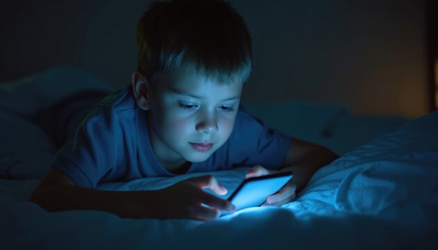 Young boy lies on bed in dark room. Child stares at phone screen. Blue light illuminates face. Technology use before sleep, social media scrolling. Night time, online content, mobile device.