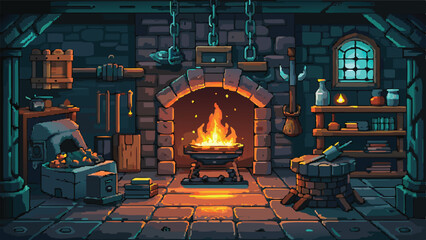 Pixel Art Fantasy Blacksmith Workshop Background – Medieval RPG Crafting Scene in Pixel Style © revpy