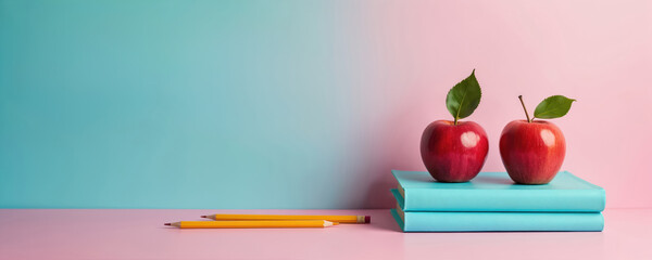 Minimalist back to school theme with books apples pencils pastel background. Education concept, learning, studying, academic year beginning, school supplies on table.