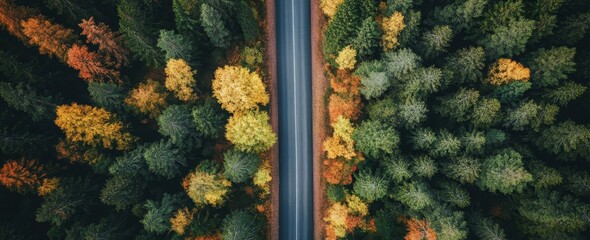 Latvian autumn is on full display in this scene of a forest and road from a elevated viewpoint