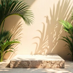 Stone Surface Podium with Sun and Palm Effect