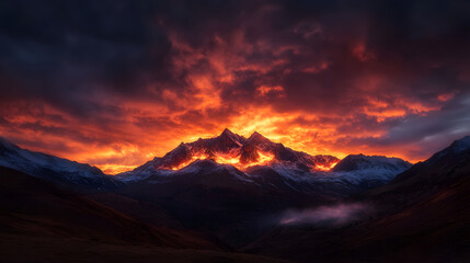 Obraz premium A stunning sunset scene with the sky ablaze in fiery reds and oranges, illuminating the peaks of a mountain range.