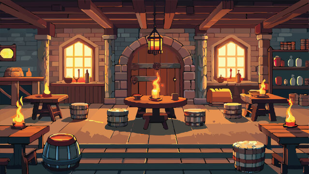 Pixel Art Medieval Tavern Interior Background &ndash; Fantasy Pub Scene in Retro RPG Pixel Style