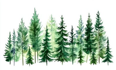 Obraz premium Illustration of a coniferous forest with hand-drawn watercolor spruce, depicting winter nature and a holiday background with conifer, snow, and outdoor snowy rural landscape, featuring mysterious fir