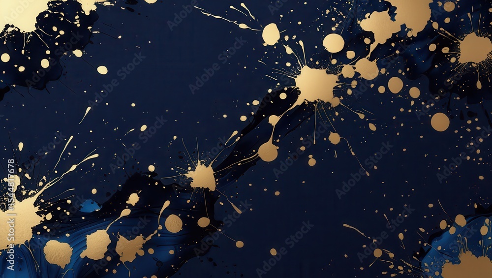Poster an abstract painting with gold splatters on a dark blue background creating a dynamic and artistic e