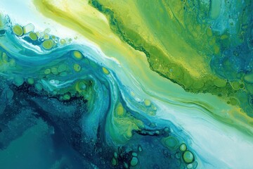 Abstract Painting in Green and Blue Hues Depicting a Fluid Art Style with Organic Shapes and Artistic Patterns, Concept of Creativity, Interior Design, and Modern Artwork Decor Applications