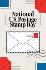 Fototapeta premium National U.S. Postage Stamp Day envelope-themed poster with stamps, postmarks, and wavy marks
