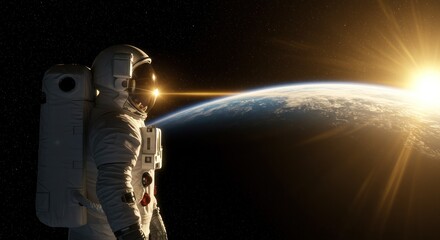 Astronaut stares at a rising sun over Earth