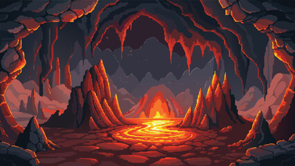 Pixel Art Volcanic Cave Background – Lava-Filled Underground Scene in Fantasy Pixel Style