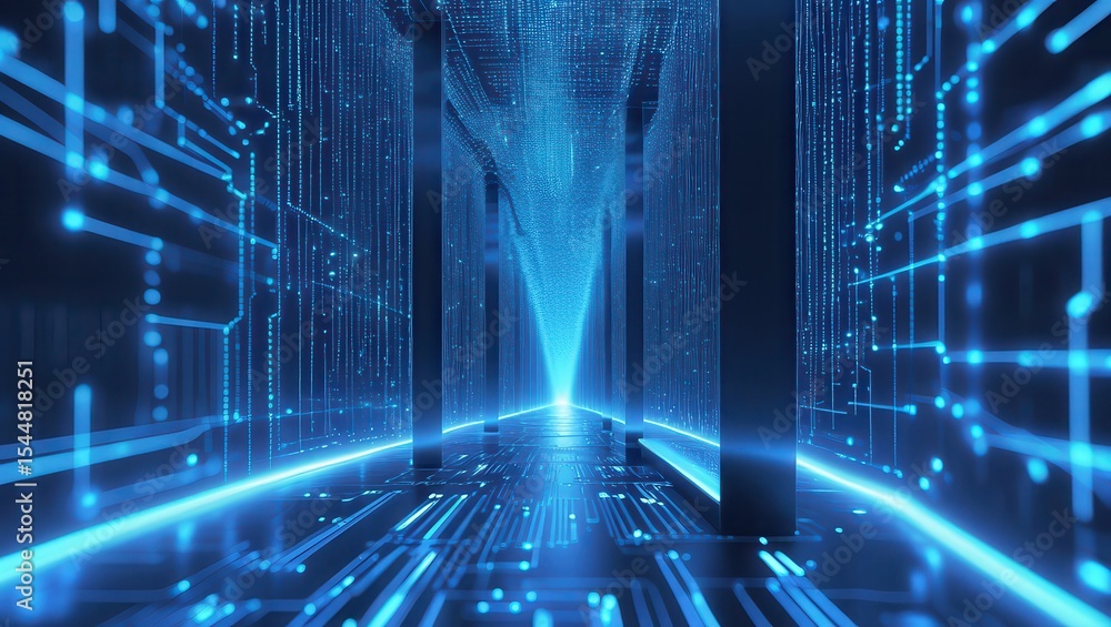 Poster a futuristic corridor illuminated with blue light and circuit board patterns on the walls and floor