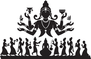 Black and white silhouette of hindu goddess with devotees