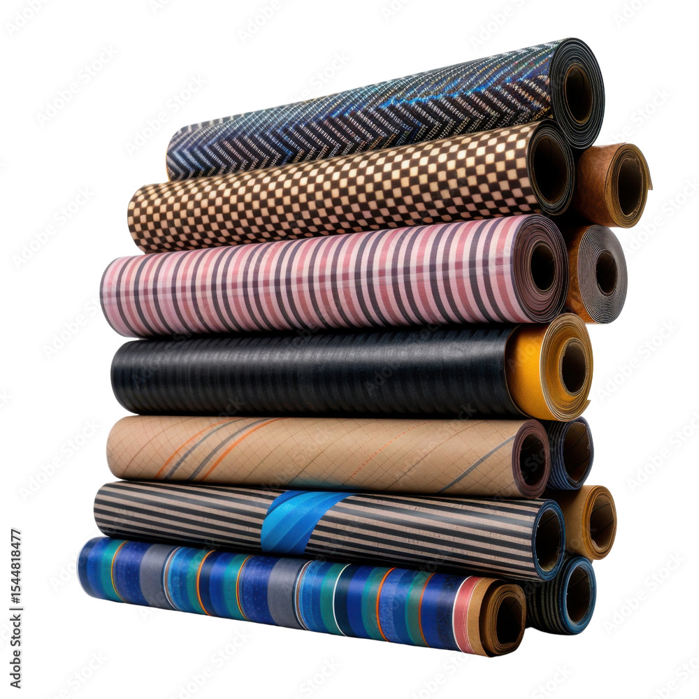 Poster textile rolls in various patterns and colors stacked neatly, showcasing vibrant designs and textures