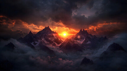 Fototapeta premium A stunning view of the sun setting behind rugged mountain peaks, with dramatic clouds adding to the scene.