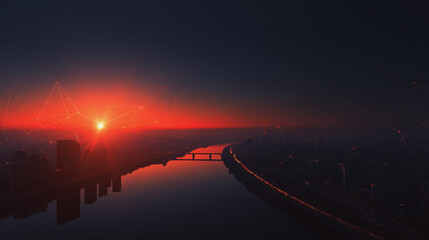 Smart digital Innovation city with connection network reciprocity over the sunset cityscape. of future wireless digital city and social media networking systems that connects people with in city
