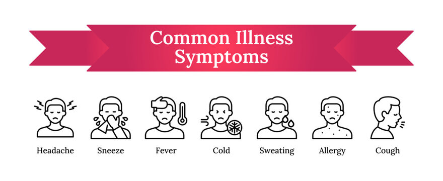 Common Illness Symptoms - Outline icon set depicting typical human symptoms such as headache, sneezing, fever, sore throat, sweating, rash, and dry cough for medical and healthcare use