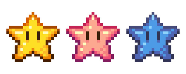 Pixel Art Star Power Up Collection,Yellow, Pink, and Blue. Vibrant collection of three pixel art star icons, each rendered in a classic retro video game style