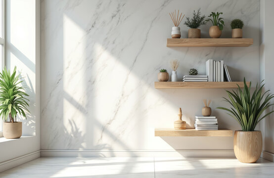 Bright, minimalist home office interior with marble wall, wooden shelves, plants, books. Sunlight window shadow creates modern, aesthetic, stylish, cozy workspace. Ideal for background for online