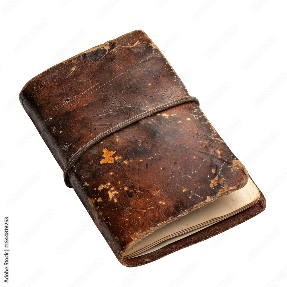 Poster vintage leather notebook with worn cover, showcasing rustic charm and character. binding is secured 