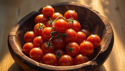 A wooden bowl filled with ripe cherry tomatoes on the vine sitting on a wooden surface table top