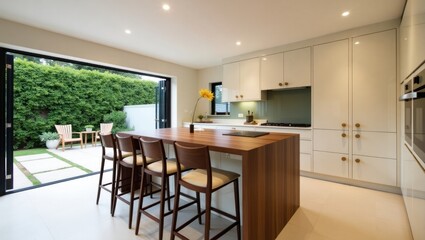 Open-plan kitchen with access to a backyard.