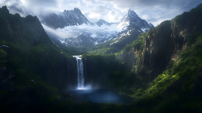 A stunning waterfall flowing from a high-altitude mountain ridge, surrounded by snow-capped peaks and glistening alpine lakes below.