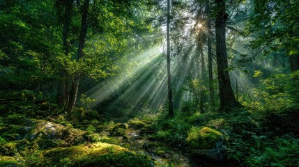 Sunlight Rays Filtering Through Dense Green Forest, Vibrant Natural Scenery of Woodland With Ferns and Moss, Concept of Nature Inspiration and Environmental Preservation