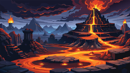 Pixel Art Fantasy Volcano Background – Erupting Lava Mountain Landscape in Magical RPG Game Style © revpy