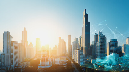 Fototapeta premium Smart digital Innovation city with connection network reciprocity over the sunset cityscape. of future wireless digital city and social media networking systems that connects people with in city