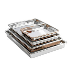Stainless steel baking trays stacked in various sizes, showcasing sleek and modern design, perfect for cooking and serving