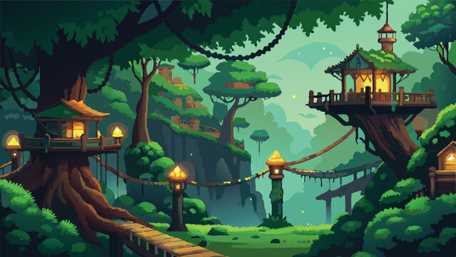 Pixel Art Tree Top Elven Village Background &ndash; Fantasy Forest Village Landscape in Pixel RPG Style