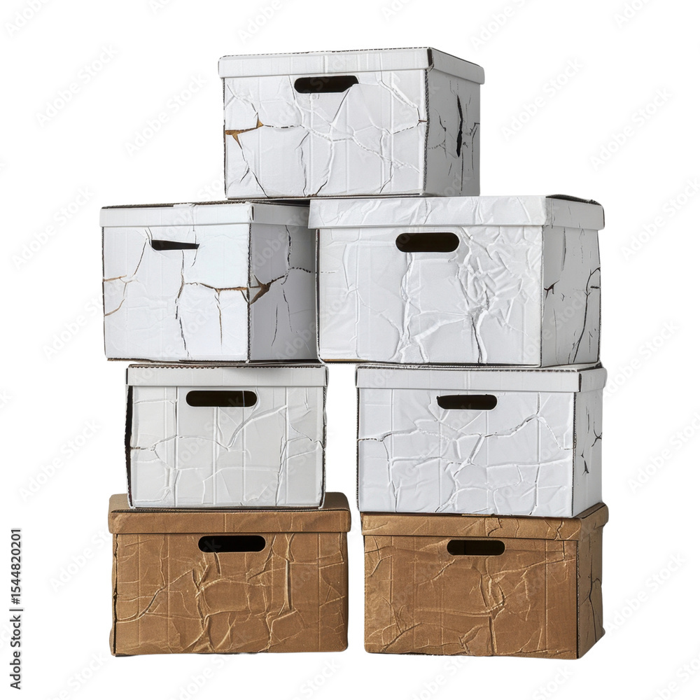 Poster stacked cardboard boxes in various sizes, featuring textured, crumpled appearance. ideal for storage