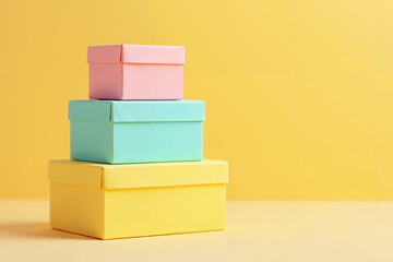 Neatly stacked pyramid of cardboard boxes in soft pastel colors on yellow background
