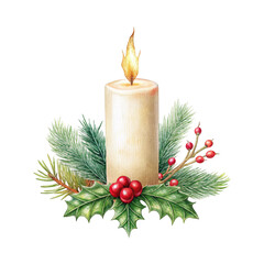 Christmas candle, festive arrangement, lit cream pillar candle, pine branches, holly leaves