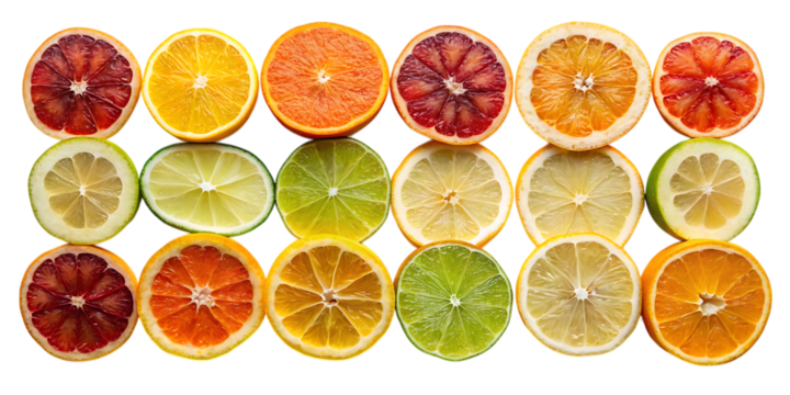 Assorted citrus fruit slices isolated on transparent background