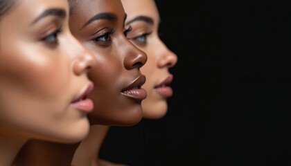 Three women showcasing diverse ethnicities against black background. Profile portraits with natural skin tones. Beauty, fashion, diversity, elegance, concept of unity and female solidarity.