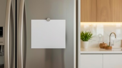 A blank sheet of paper is attached with a magnet to the refrigerator door. A modern kitchen is in the background. The space is ideal for adding text or design.