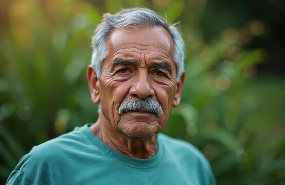 Close-up portrait serious senior man with grey hair, mustache looks at camera. Natural green bokeh park background. Elderly biracial male person at nature. Retirement, old age concept.