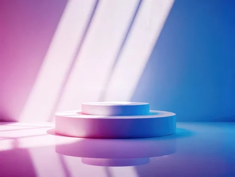Abstract Podium with Neon Lights and Glossy Reflection