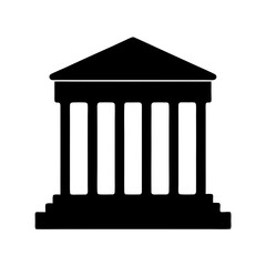 Stylized black and white depiction of a classical Greek or Roman temple