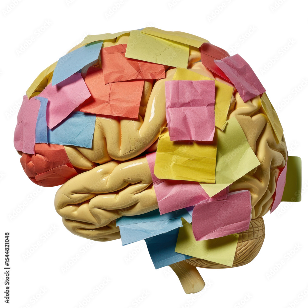 Poster creative brain model with colorful sticky notes representing ideas and thoughts, symbolizing creativ