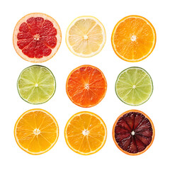 Fototapeta premium Nine citrus fruit slices isolated on transparent background