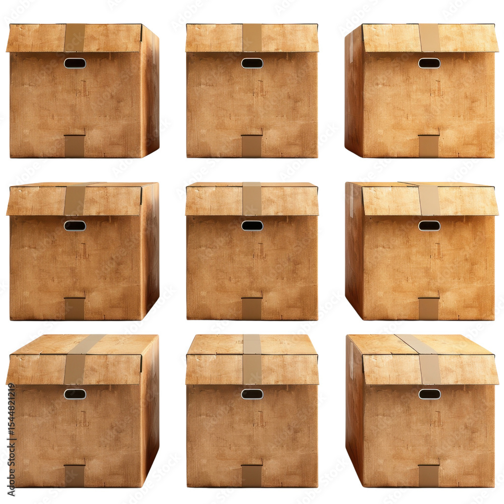 Aufkleber cardboard boxes arranged grid, showcasing various sizes and styles. these boxes are perfect for stor